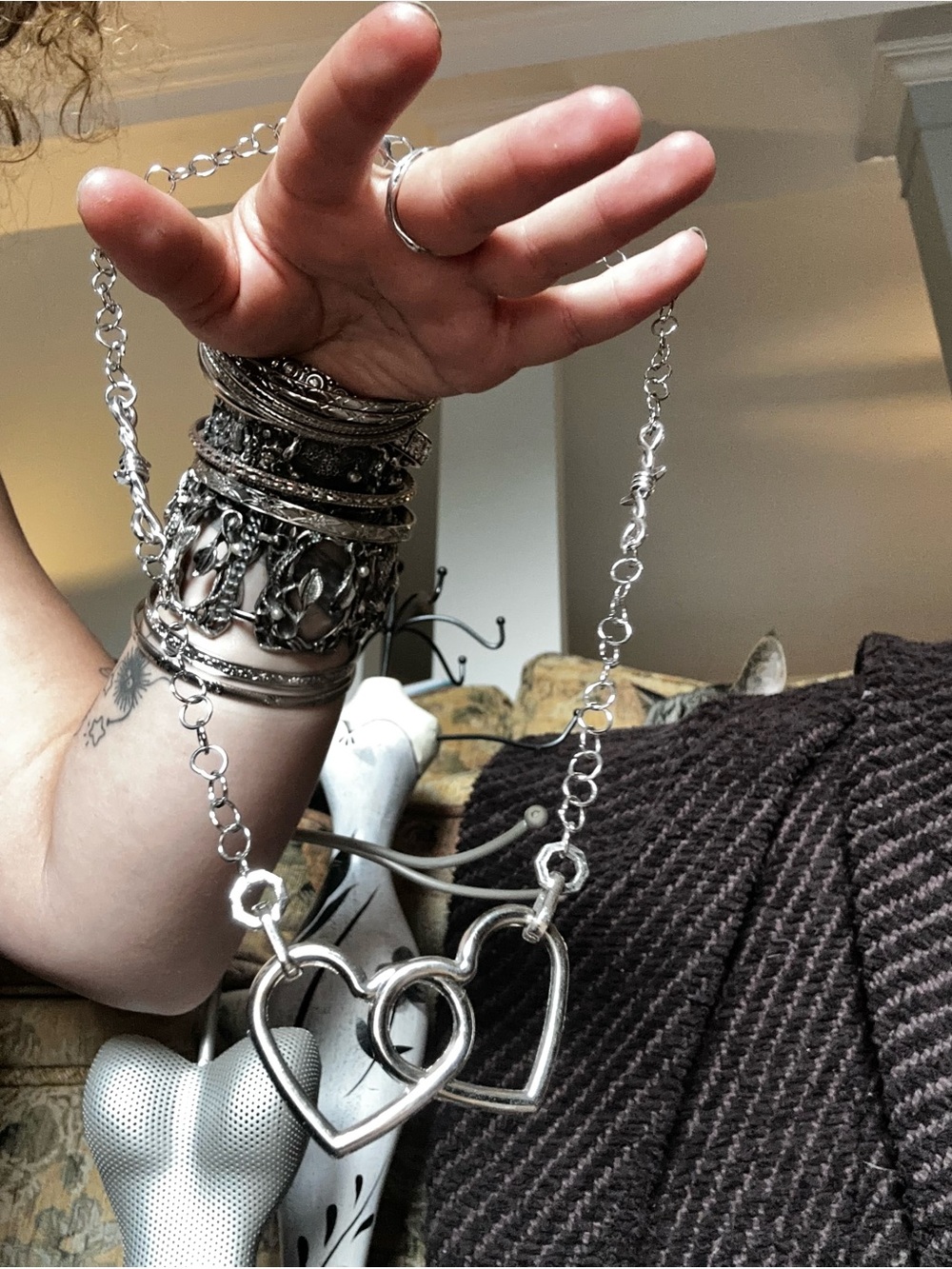 Double Heart Silver Necklace - Chunky Link Chain